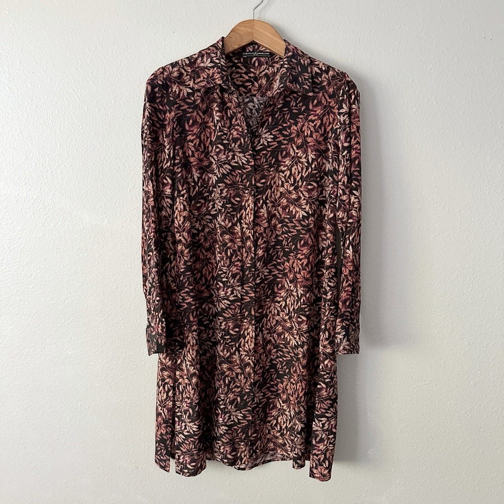 Peruvian Connection‎ 100% Silk Leaf Print Long Sleeve Collared Tunic Size Large